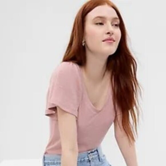 Gap Essential Rib Flutter Sleeve Tee, English Rose, Size L - Picture 1 of 4
